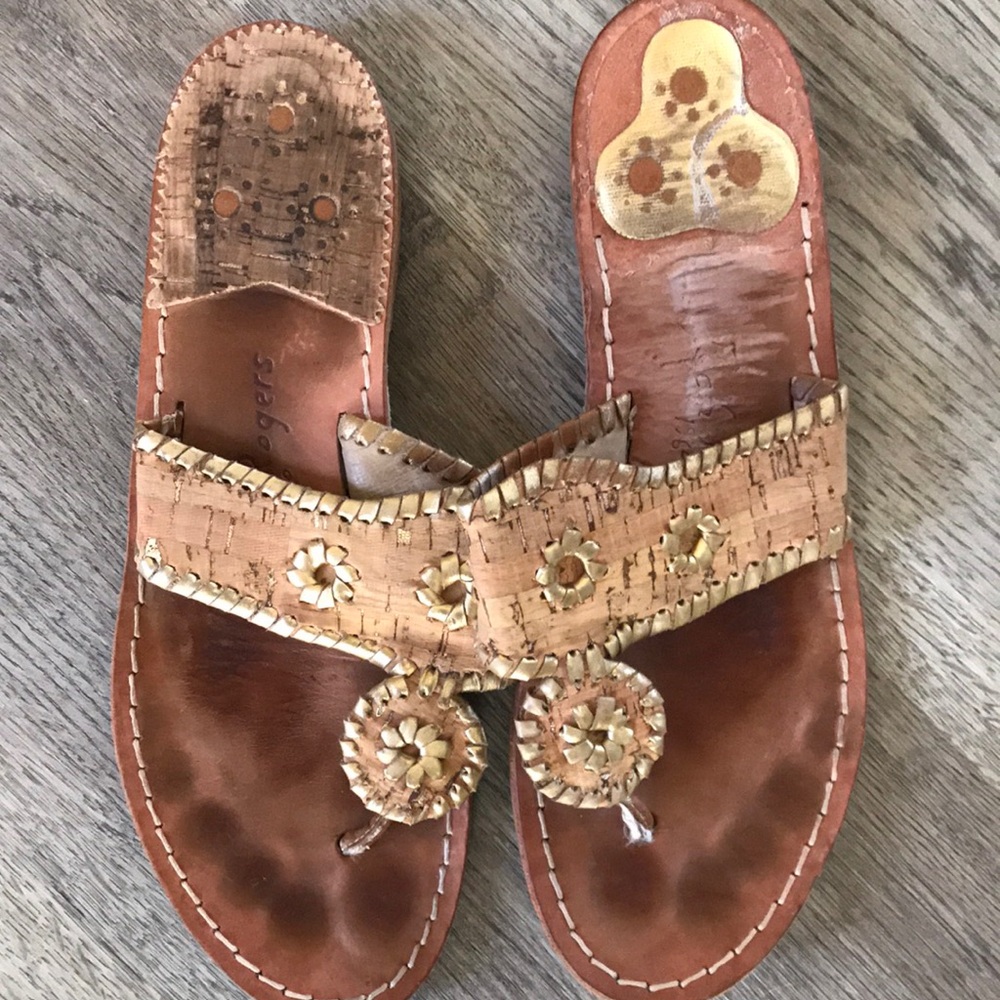 Jack Rogers Tan Sandals with Embellished Strap and Toe Loop